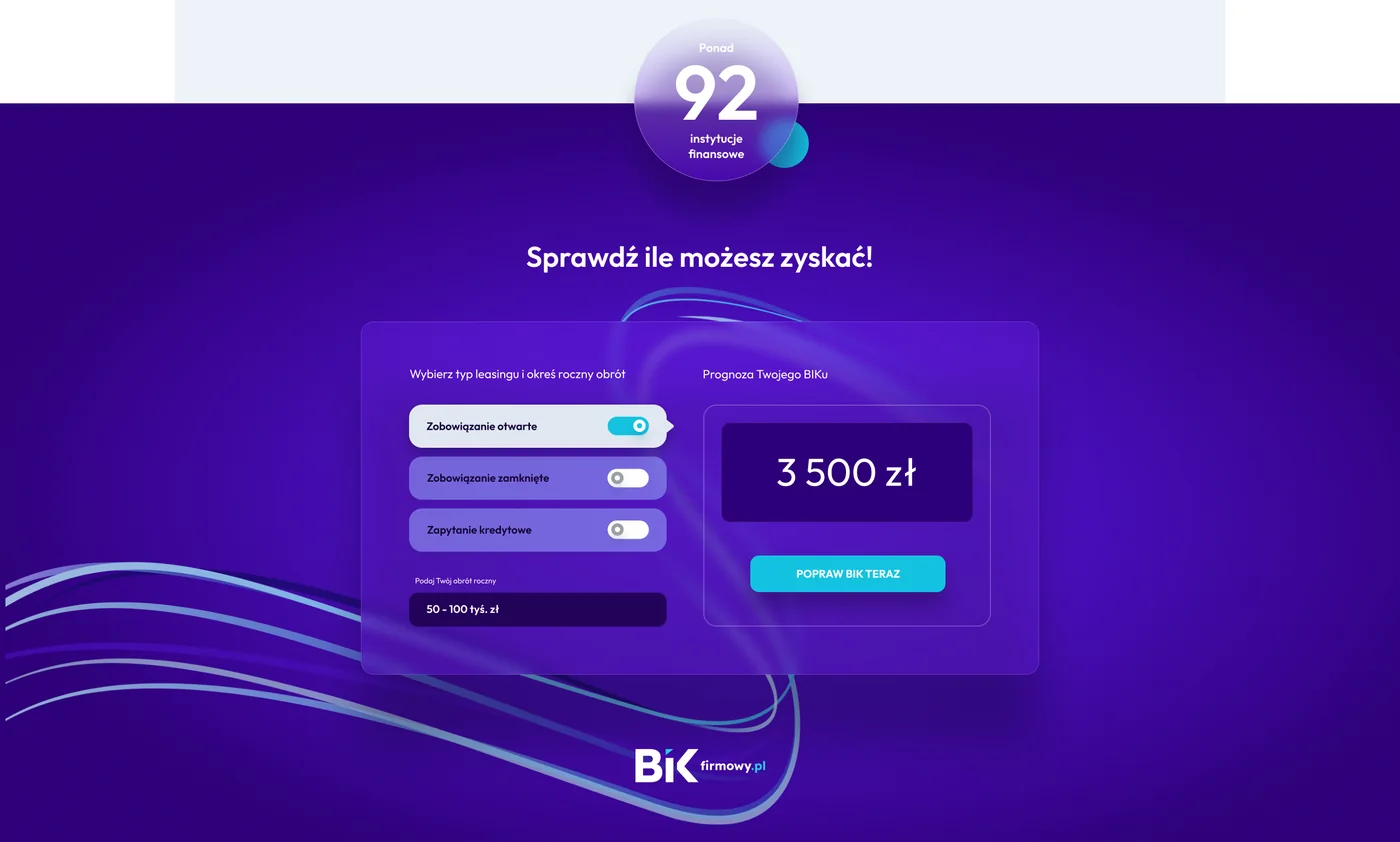 BIKfirmowy.pl – ciemna sekcja z rozbudowanym kalkulatorem prognozy BIK i znacznikiem 92 instytucji finansowych