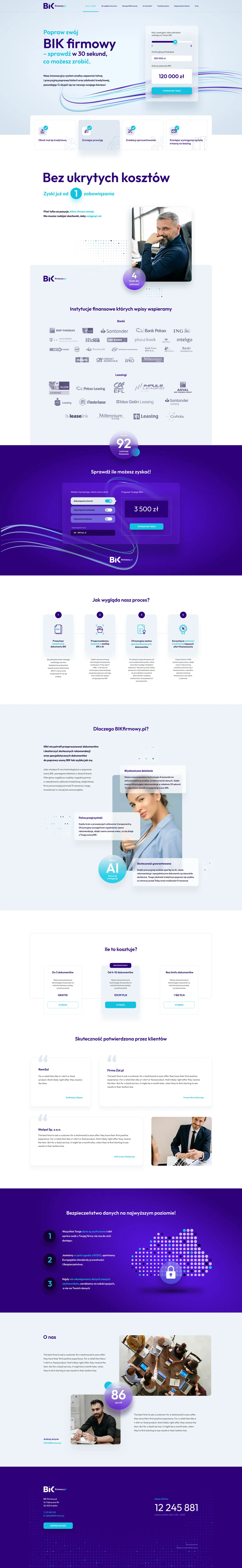 BIKfirmowy.pl – pełna plansza projektowa landing page: hero z kalkulatorem, instytucje finansowe, proces, cennik, opinie, bezpieczeństwo danych i stopka