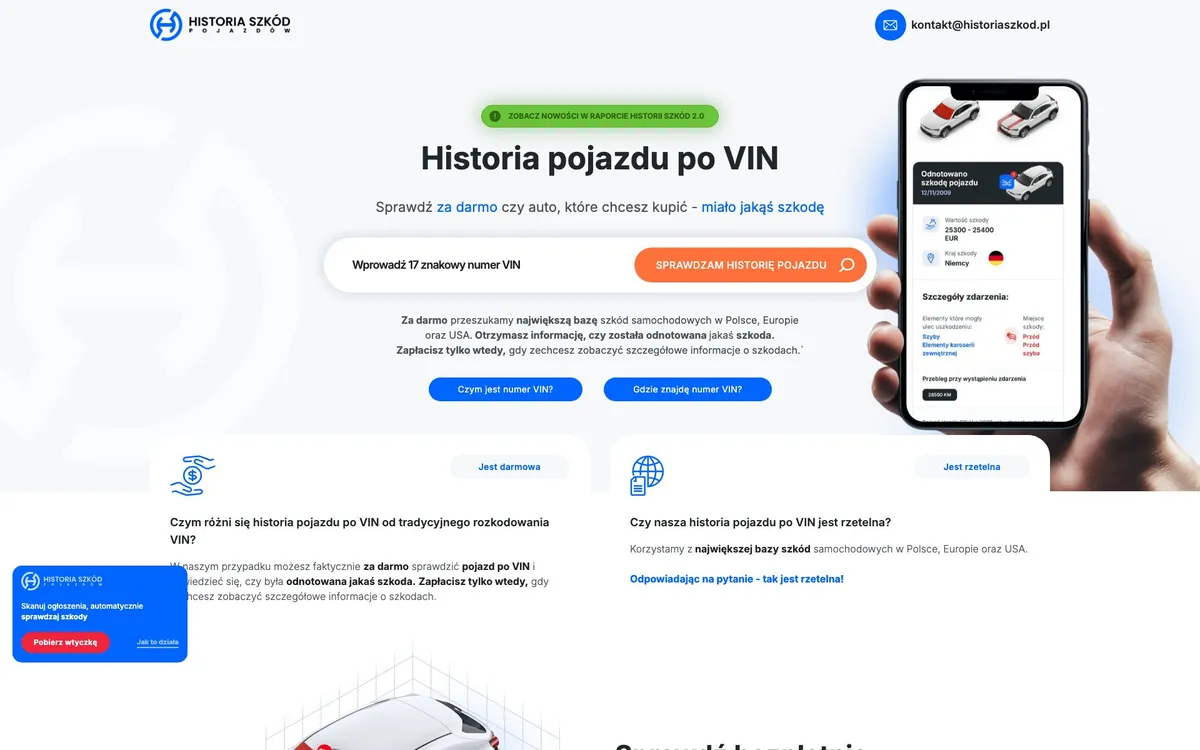 Strona główna HistoriaSzkod.pl: wyszukiwarka numeru VIN i podgląd raportu na telefonie