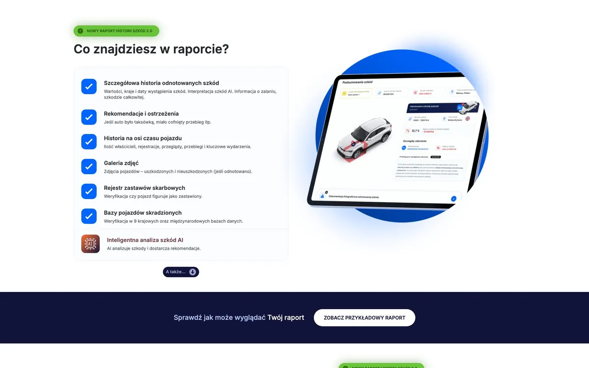 Sekcja „Co znajdziesz w raporcie” z listą modułów raportu i widokiem na tablecie