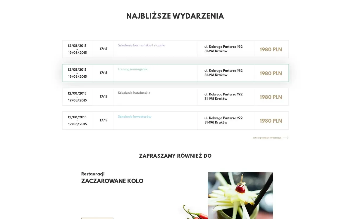 Kalendarz najbliższych wydarzeń z terminami, miejscem i ceną kursu