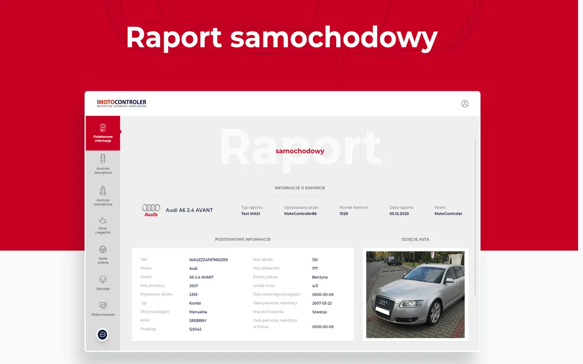 Motocontroler – widok raportu z danymi pojazdu i nawigacją po modułach