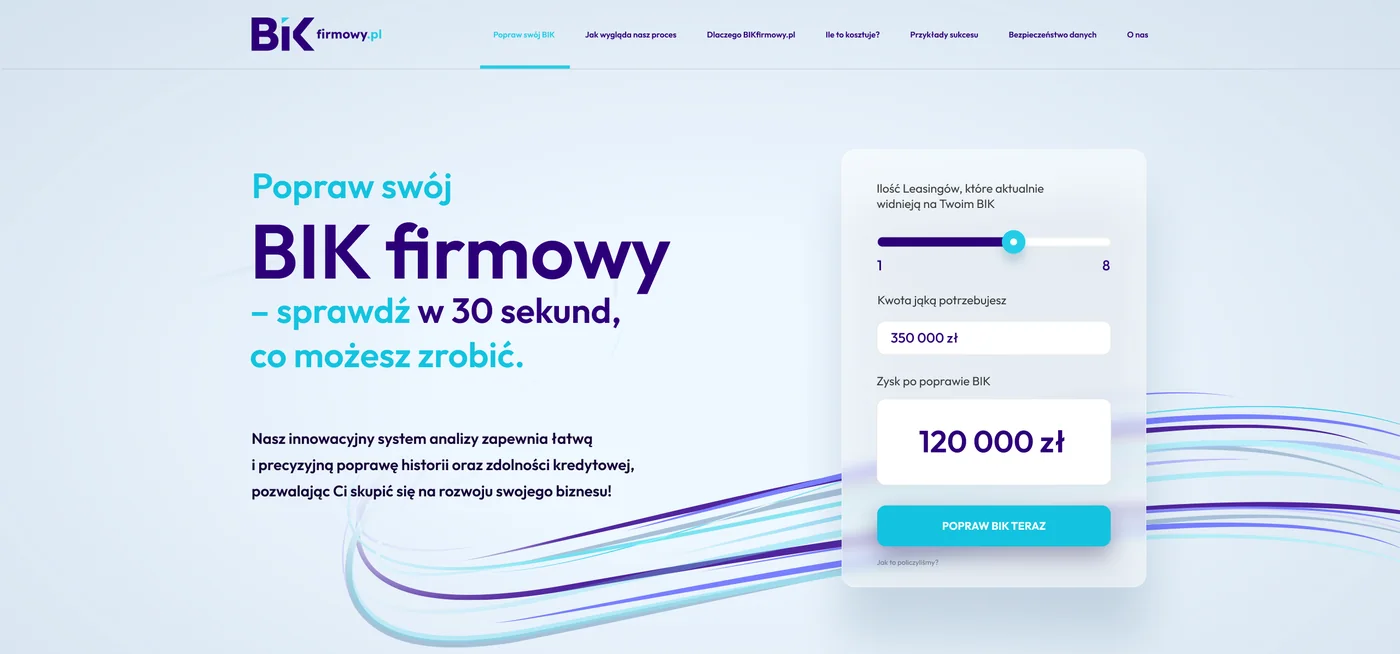 BIKfirmowy.pl – pierwszy ekran landing page z kalkulatorem zysku po poprawie oceny BIK