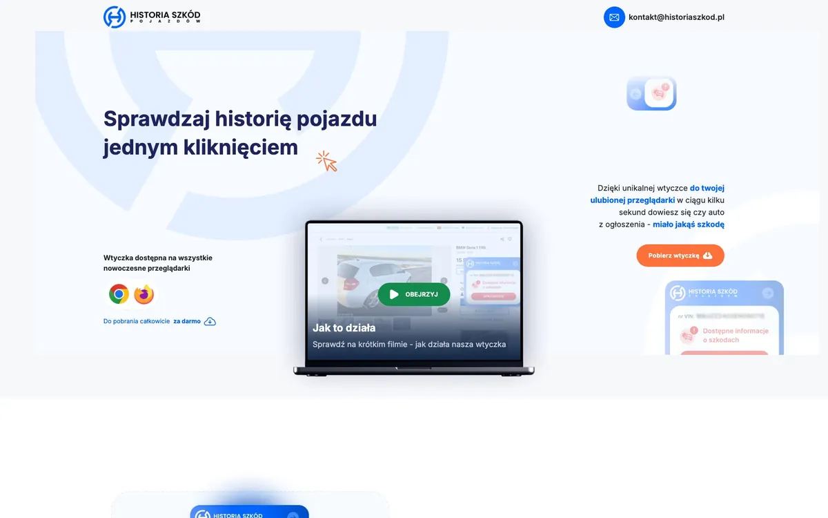 Landing wtyczki Historia Szkód: nagłówek i podgląd rozszerzenia na laptopie