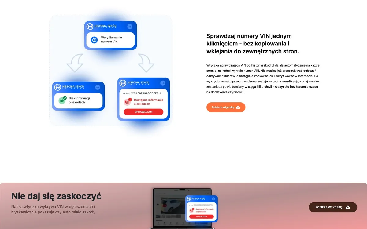 Schemat działania wtyczki: wykrycie VIN na ogłoszeniu i informacja o szkodach, poniżej pasmo pobrania