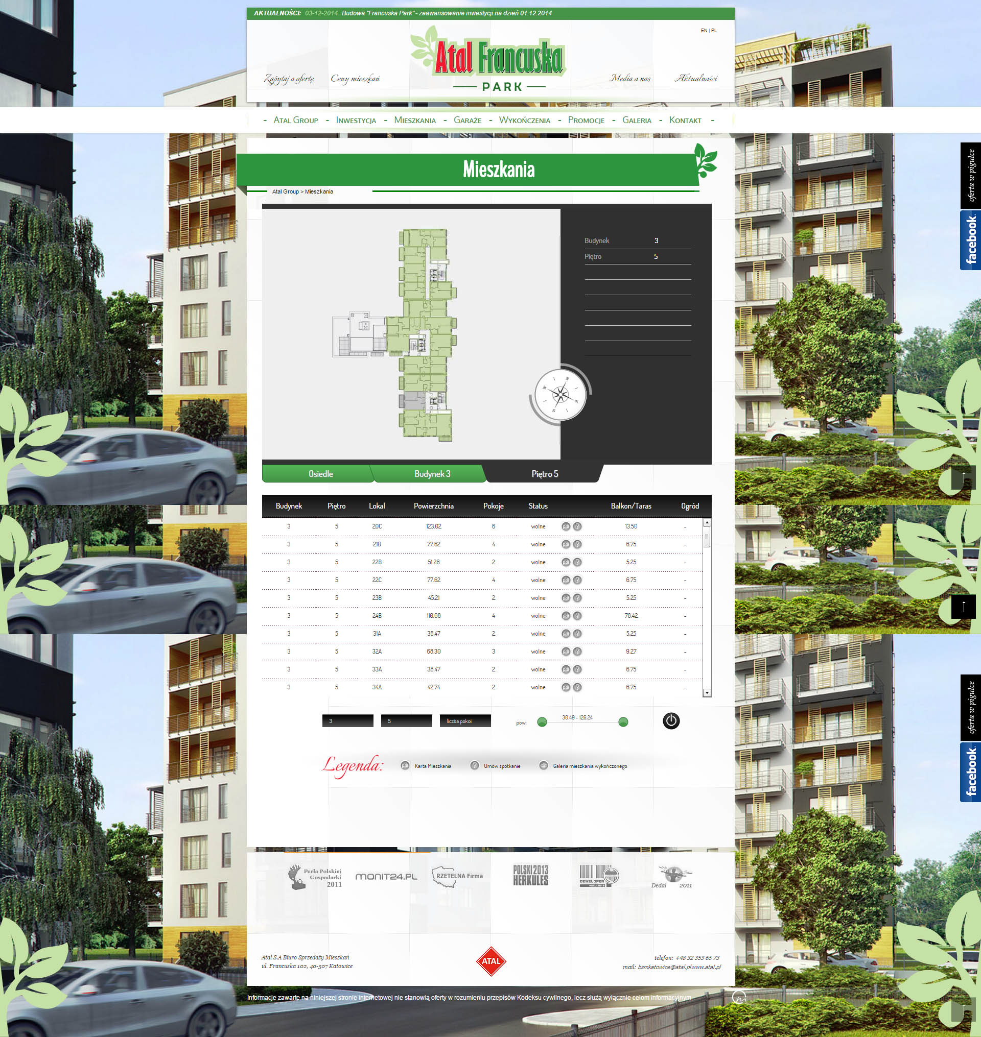 Interaktywne rzuty pięter z klikalnymi lokalami i legendą statusów