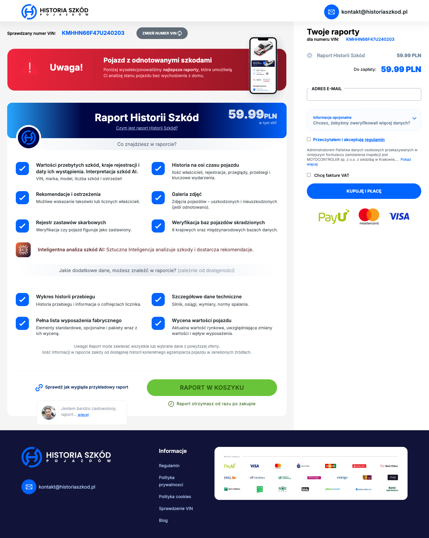 HistoriaSzkod.pl - ekran zakupu raportu dla numeru VIN
