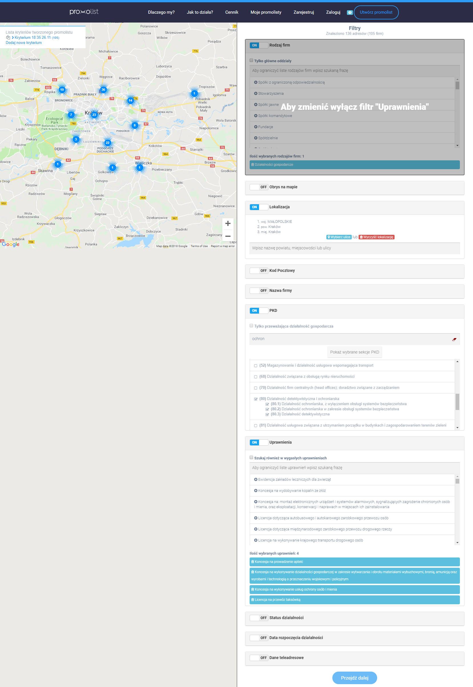 Zaawansowane filtry — PKD, uprawnienia, rodzaj firmy, status działalności