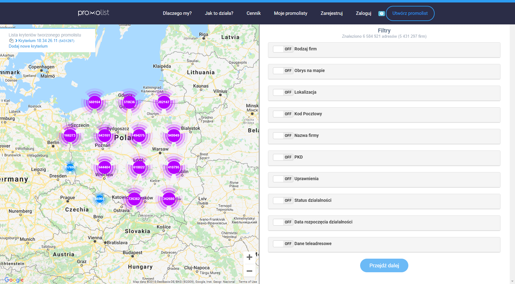 Mapa Polski z panelem filtrów — przegląd firm według regionów