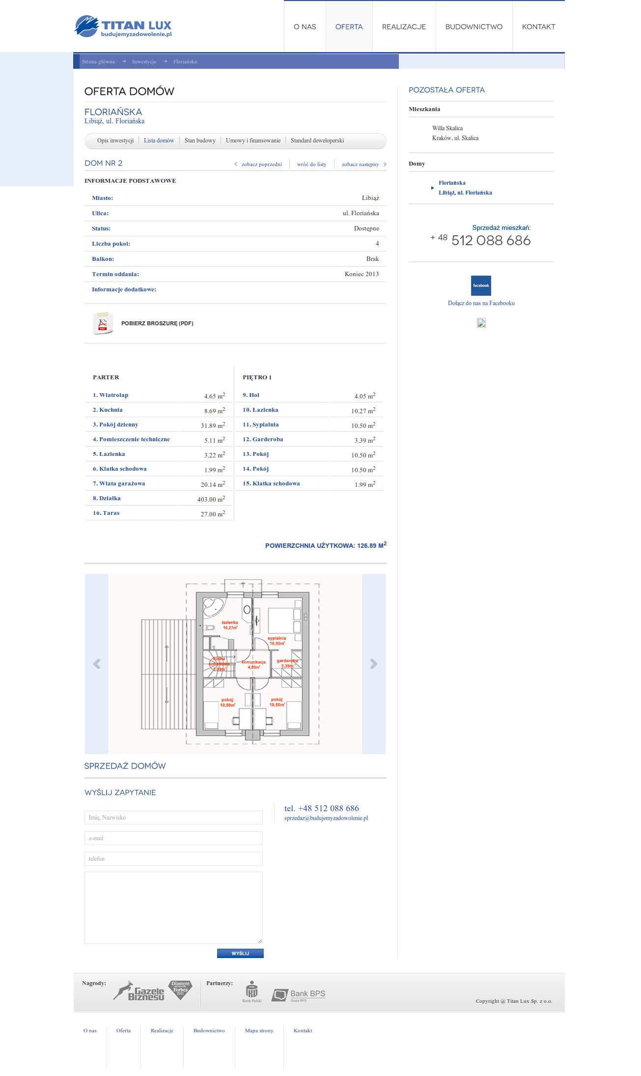House offer details — apartment floor plan, technical data, and contact form
