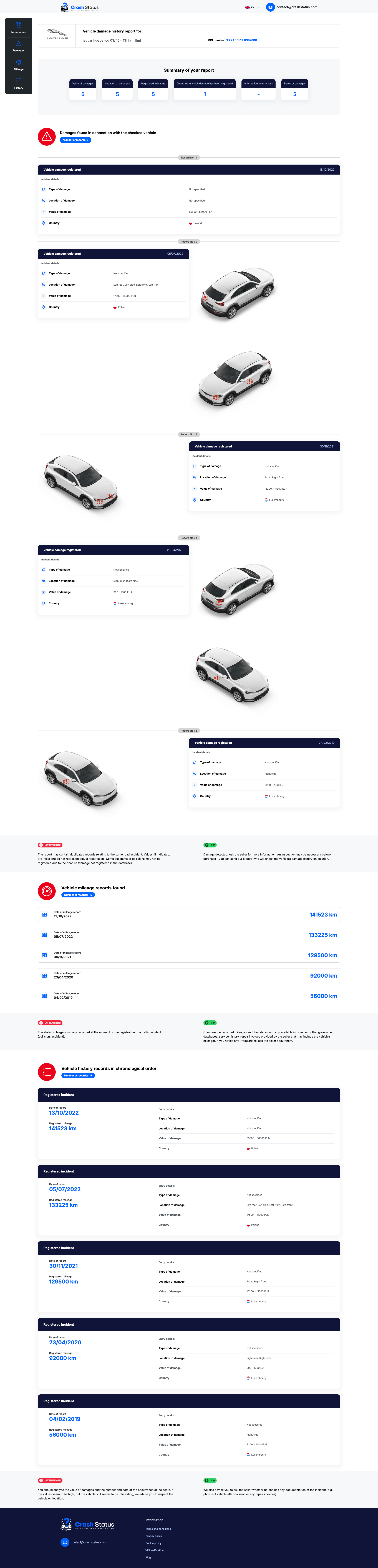 Przykład raportu pojazdu - CrashStatus